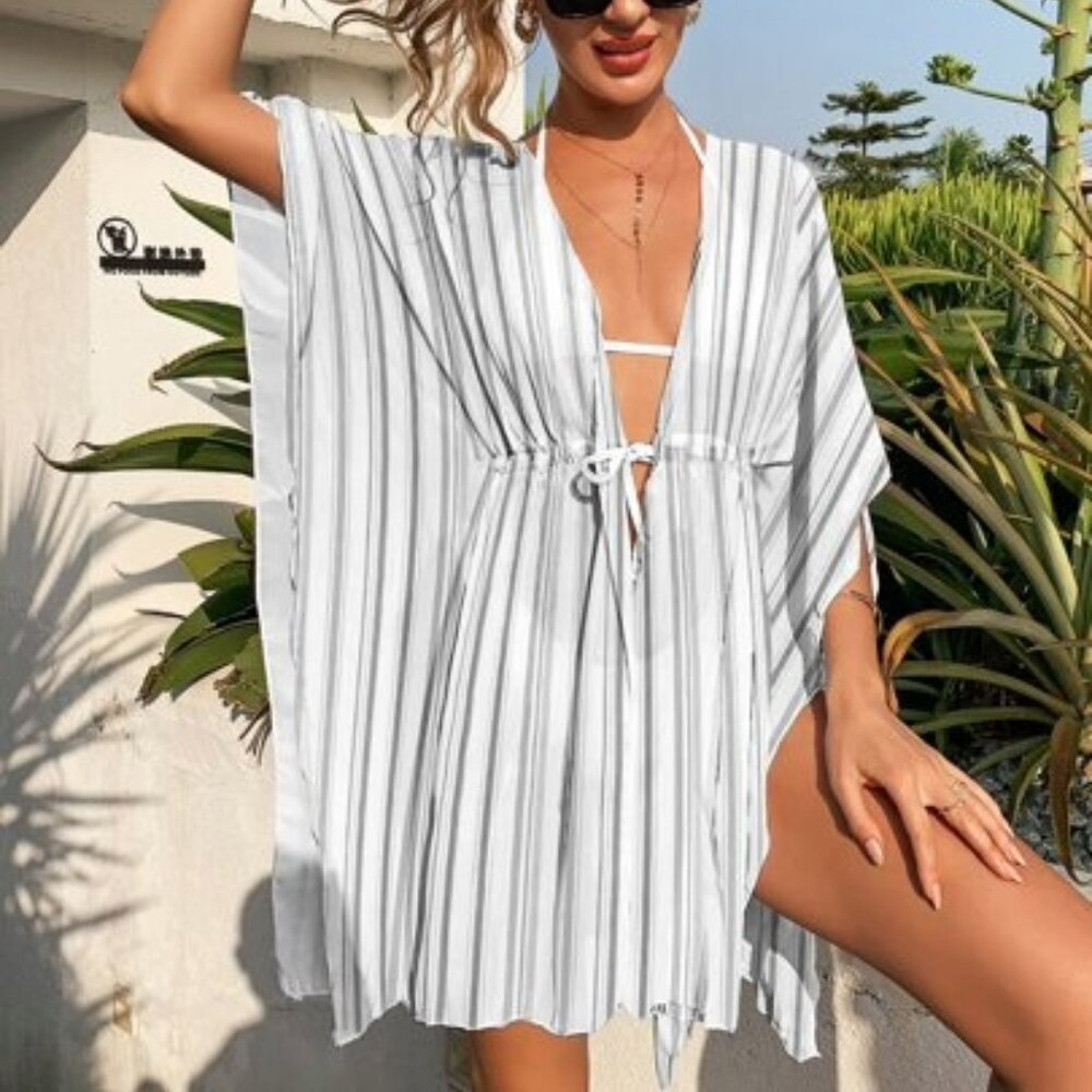SHEIN Striped Chiffon Drawstring Kimono - One Size